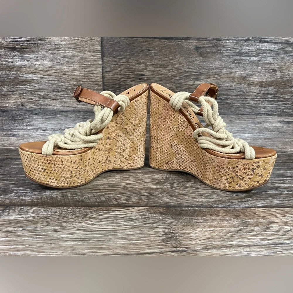 Lanvin 2012 Ete Sandals Rope Snake Print Cork Platform‎ Wedge Open Toe Brown 37